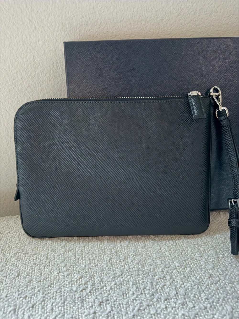 Prada Black Saffiano Leather Men’s  Wrist Strap Pouch